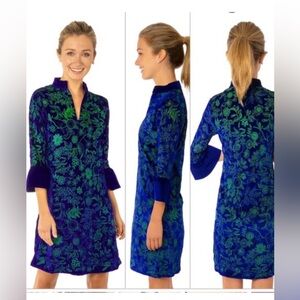 Gretchen Scott Designs Dress Royal Blue Velvet with Kelly Green Embroidery